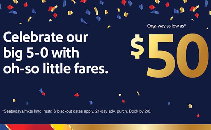 SOUTHWEST AIRLINES CELEBRATES ITS BIRTHDAY WEEK WITH 40% OFF BASE FARES AND  A WEEK-LONG SWEEPSTAKES