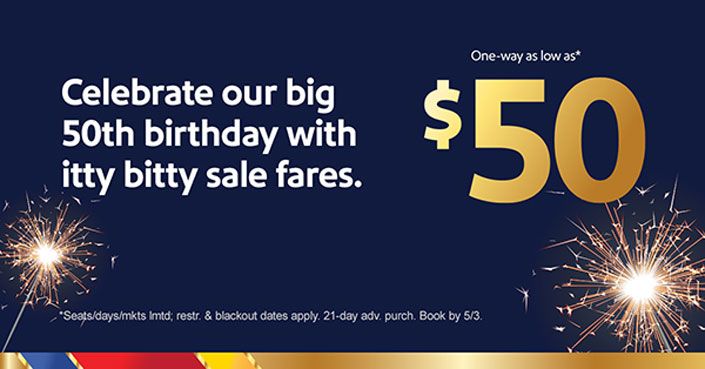 Southwest Airlines celebrates 50th anniversary with fares as low as $50 one-way in a nationwide sale