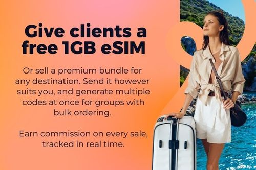 Give clients a free 1GB eSIM, or sell a premium bundle for any destination
